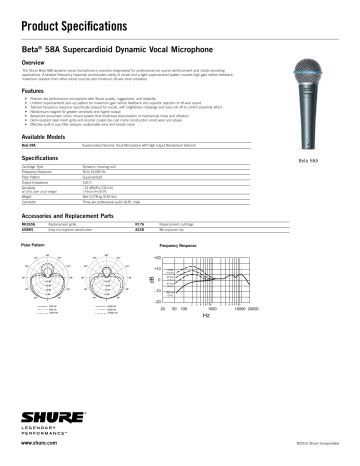 Shure Beta 58A Microphone Specification Sheet.